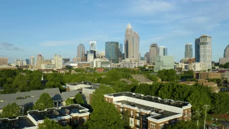 Downtown-Charlotte,-North-Carolina-Skyline-Revealed-Behind-Trees
