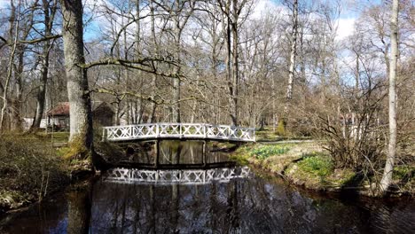 Eine-Kleine-Brücke-In-Einer-Bewaldeten-Waldlandschaft-über-Einen-Fluss-Bei-Grafsnas,-Schweden