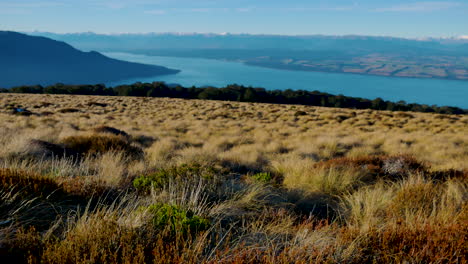 Wonderful-landscape-with-dunes-grass-field-and-beautiful-blue-lake-with-mountains-in-background