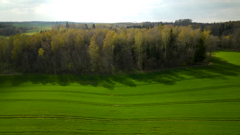 Aerial-view-of-hilly-green-farm-fields-and-colorful-forest-trees-during-sunny-spring-day