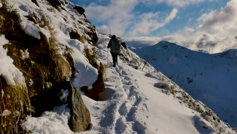 Rückansicht-Des-Bergsteigers,-Der-Auf-Einem-Gefährlichen-Pfad-Mit-Kante-In-Den-Bergen-Von-Neuseeland-Wandert