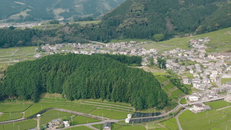 Lush-Green-Tea-Plantations-Near-The-Village-And-Mountains-In-Kawane,-Shizuoka,-Japan