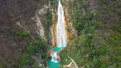 Mexico-El-Chiflon-Waterfalls,-tall-waterfall,-4K-aerial-reveal