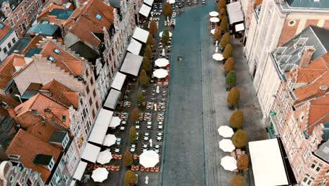 Leuven-Oude-Markt,-Ein-Von-Bäumen-Beschatteter-Stadtplatz,-Gesäumt-Von-Open-Air-Bars-Und-Restaurants