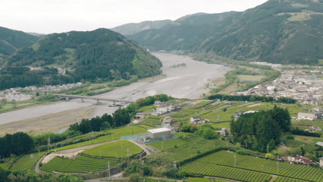 Panoramic-View-Of-Tea-Farms-With-Lush-Mountains-And-River-In-Kawane,-Shizuoka,-Japan---aerial-drone-shot