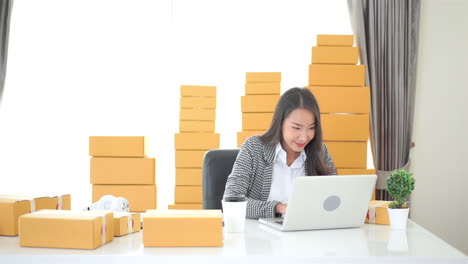 Business-Asian-woman-exulting-while-works-on-laptop-in-office-with-piles-of-cardboard-boxes-in-background
