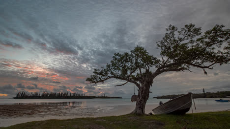Sunset-time-lapse,-with-a-boat,-tree,-sea-and-clouds-moving-in-many-directions