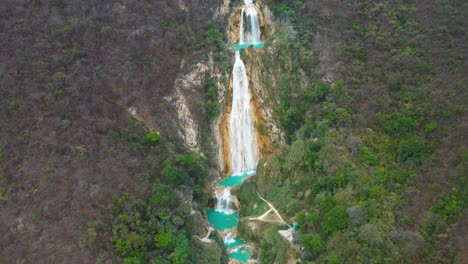 El-Chiflon-Waterfalls,-tiered-waterfall-cascade-in-Mexico,-4K-high-aerial-view
