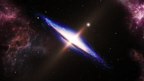 Eine-Galaxie-Und-Eine-Violette-Nebelwolke,-Die-Sich-Im-Universum-Bewegt