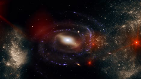 Eine-Rotierende-Galaxie-Und-Mehrere-Rote-Sterne-Um-Sie-Herum,-Das-Universum