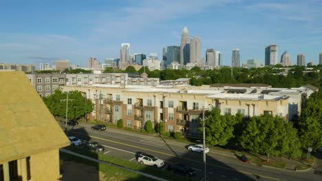 Drone-Flies-Past-New-Home-Being-Built-in-Charlotte,-North-Carolina-on-Clear-Day
