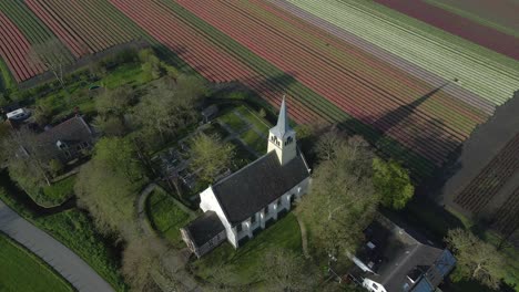 Rural-white-chapel-with-colorful-tulip-field-in-Holland-during-sunrise
