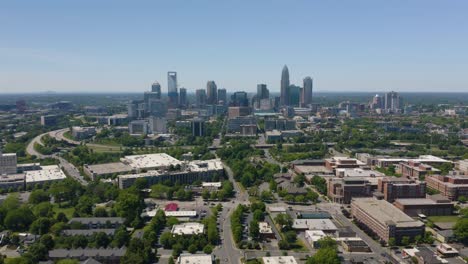 Aerial-Orbiting-Shot-with-Charlotte-Skyline-in-Background