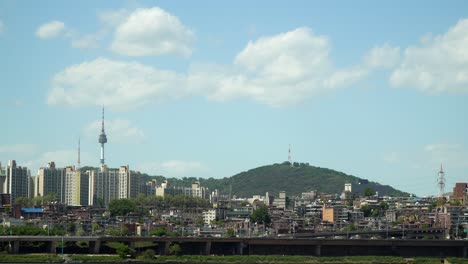 Cityscape-of-Namsun-N-Seoul-Tower-and-Yongsan-gu-District-around-N-Seoul-Tower-at-bright-day-Seoul,-South-Korea