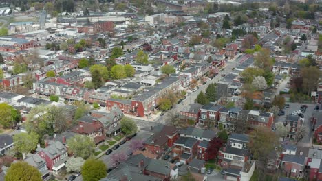High-aerial-of-Lancaster,-PA-USA-housing-during-spring