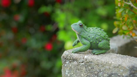 Static-locked-off-shot-a-large-green-frog-garden-ornament-sitting-on-a-wall