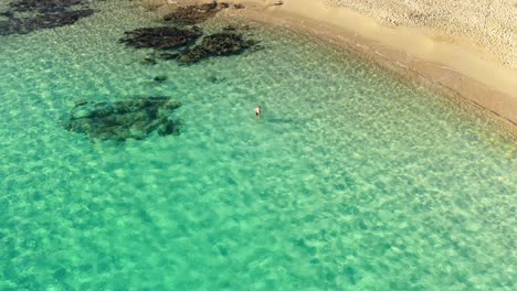 Aerial-shot-of-young-woman-bathing-alone-in-transparent-turquoise-water-at-beautiful-Tuerredda-beach-in-South-Sardinia,-Italy-on-sunny-day
