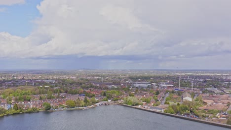 Aerial-landscape-drone-shot-of-Edgbaston-Reservoir-in-Birmingham,-England