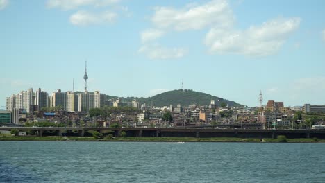 View-From-Han-River-Of-Iconic-Namsan-Tower-In-Yongsan-District,-Seoul,-South-Korea