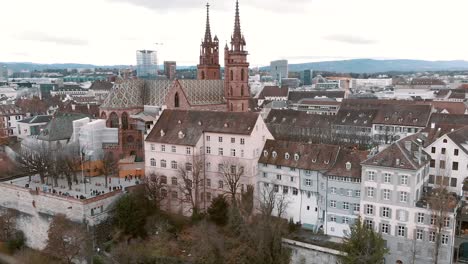 Aerial-wide-view-of-Basel-Minster-from-the-rear-Pflaz,-Switzerland