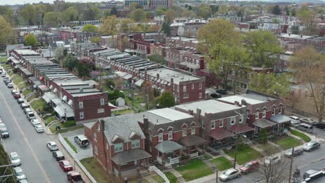 Aerial-of-brick-and-brown-stone-houses-in-urban-city-in-USA