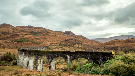 Glenfinnan-Viaduct,-The-Jacobite-Express-Timelapse,-Scottish-Highlands,-Scotland