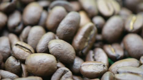 Slow-panning-on-a-bunch-of-coffee-beans,-extreme-close-up