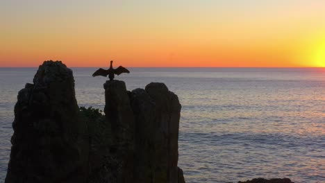 Blick-Auf-Die-Felsformation-Mit-Kormoranen-An-Der-Spitze-Während-Des-Sonnenuntergangs-An-Den-Kathedralenfelsen-In-Kiama-Downs,-New-South-Wales,-Australien---Drohnenaufnahme-Aus-Der-Luft