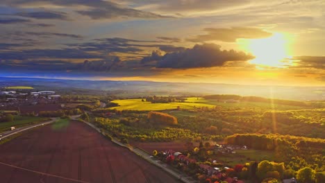 Beautiful-cinematic-aerial-drone-shot-of-golden-hour-sun-over-Barnsley,-Yorkshire