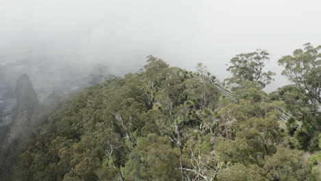 4K-drone-shot-of-a-vantage-point,-viewpoint,-overlook-on-a-mountain-ridge-spine-covered-with-trees-at-Border-Ranges-National-Park,-New-South-Wales-in-Australia