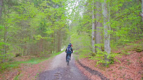 Group-of-mountain-bikers-riding-through-the-forest