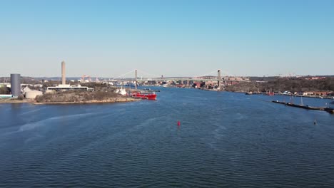 Aerial-View-Of-Harbour-Along-Gota-Alv-River-With-Alvsborgsbron-Bridge-In-Gothenburg,-Sweden