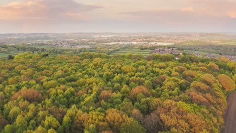 Moving-fly-over-aerial-shot-of-countryside-woodland-and-fields,-Yorkshire-England