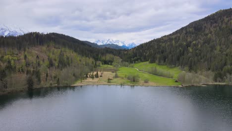 Aerial-view-of-mountain-lake-Barmsee-in-Bavarian-Alps
