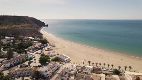Wide-Praia-da-Luz-shoreline-along-vast-horizon-line-on-Algarve-coast---Aerial