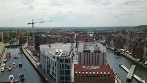 Aerial---Gdansk-Old-Town,-Kladka-na-Wyspe-Spichrzow,-Sky-Bar-Hotel,-Nova-Motlava-river,-Stagwie-Mleczne-brama,-yacht-harbor-marina-Gdansk