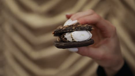Tasty-homemade-s'more-snack,-woman-squeezing-s'mores-in-hand
