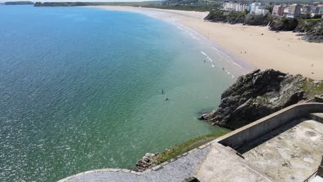 St-Catherine's-Fort-drone-passing-over-to-reveal-south-beach-Tenby-,Pembrokeshire,-Wales,-Aerial-4K-footage