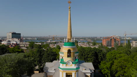 A-Church-tower-of-The-Saviour's-Transfiguration-Cathedral-a-main-Orthodox-church-of-Dnipro,-Ukraine