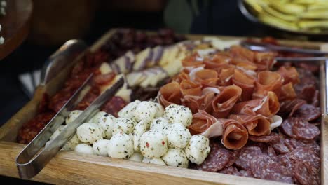 Wedding-food-catering-charcuterie-meat-platter,-luxury-event-food,-closeup