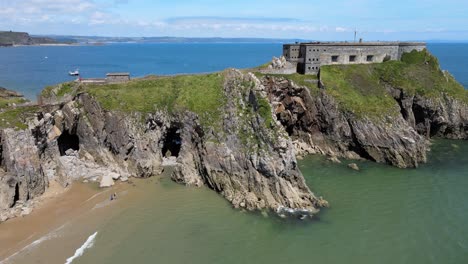St-Catherine's-Fort-19th-Century-,Tenby-Pembrokeshire,-Wales,-Aerial-4K-footage