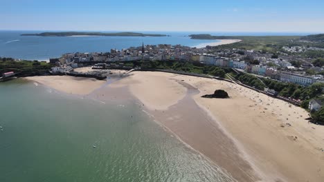 Tenby-Seaside-town-in-Pembrokeshire,-Wales,-Aerial-High-Point-of-view