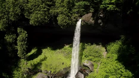 Exuberante-Vegetación-Que-Rodea-Las-Cataratas-Del-Norte-En-El-Parque-Estatal-Silver-Falls-En-Oregon,-Ee.uu.---Toma-Aérea