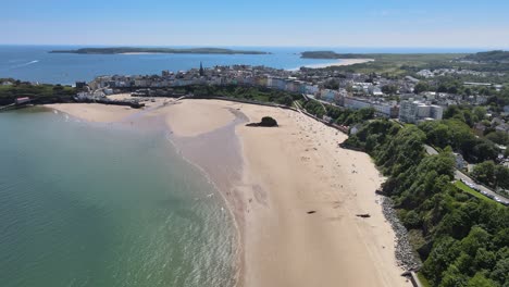 Tenby-Seaside-town-in-Pembrokeshire,-Wales,-Aerial-4K-footage-sunny-day-in-summer
