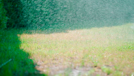 Close-up-shot-of-a-green-bright-grass-being-sprayed-with-water-in-a-public-park-or-Garden-