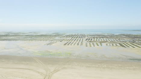 Sandy-Coast-And-Oyster-Farm-In-Shallow-Offshore-During-Low-Tide-At-The-Beach-In-Normandy,-France