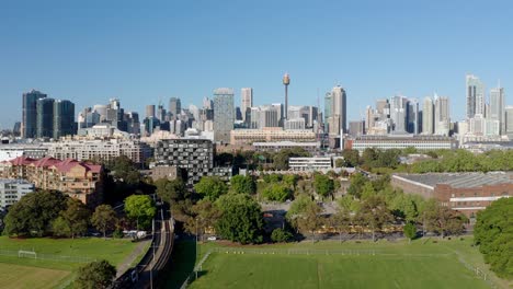 Aerial-View-On-Central-Business-District-Skyline-With-Sydney-Tower-In-Australia---drone-shot