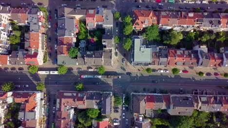 Top-Down-View-On-Roofs-And-Streets-In-Bremen,-Germany---aerial-drone-shot