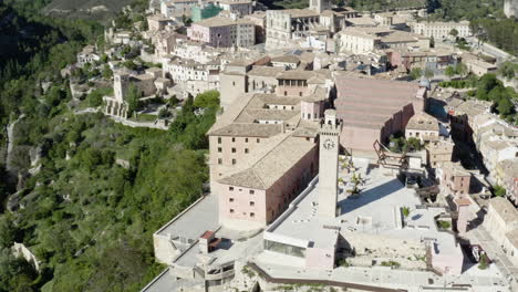 Cuenca,-Spain-Cliffside-Buildings-and-Hanging-Houses---Aerial-Orbit