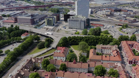 Aerial-Gothenburg-skyscraper-building-Gothia-Towers-landmark-amusement-park-destination-freeway-motorway-street-cars-driving-tram-downtown-office-house-apartment-flats-Swedish-Sweden-ikea-architecture